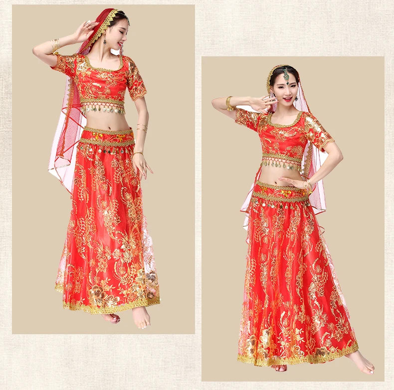 Индийские платья для танцев Болливуда для женщин, костюмы для танца живота, топы, рукава, монеты, комплект из 4 предметов, топ+ пояс+ юбка+ вуаль