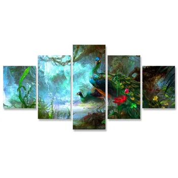 

Canvas Painting Colorful Birds Peacocks 5 Panel Decorative Paintings Green Forest Posters and Prints Living Room
