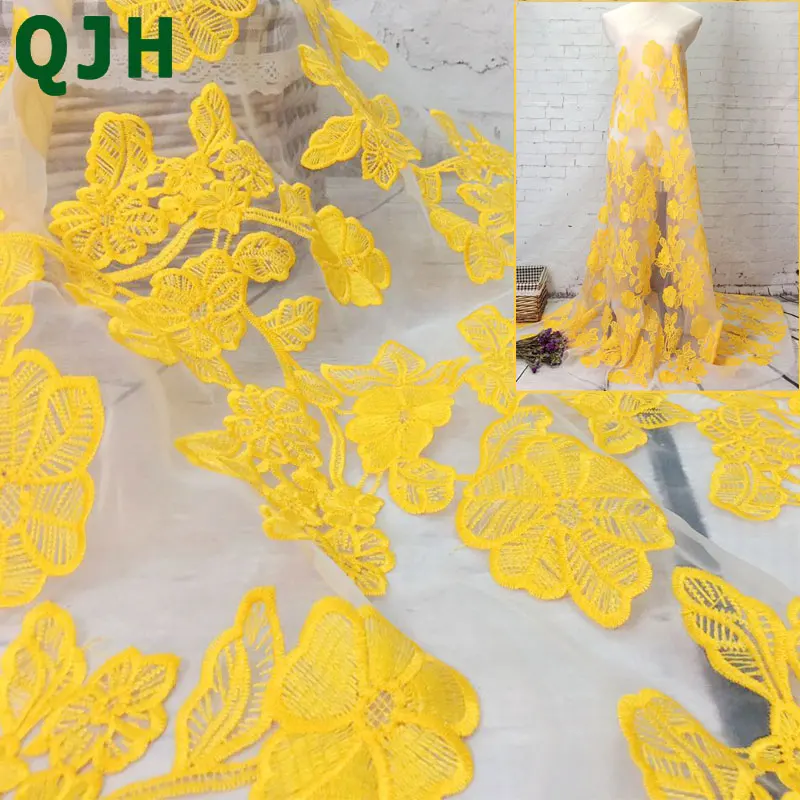

QJH brand High Quality French Organza Lace Fabrics Yellow African Net Lace Fabric Embroidered Tulle Mesh Lace Cloth