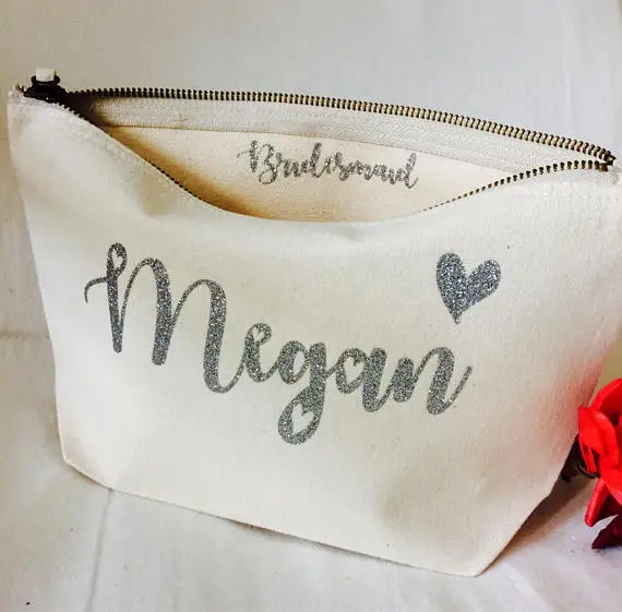 

personalize text glitter wedding bridesmaid bride Make Up makeup comestic vanity Bags birthday toiletry pouches Party favors