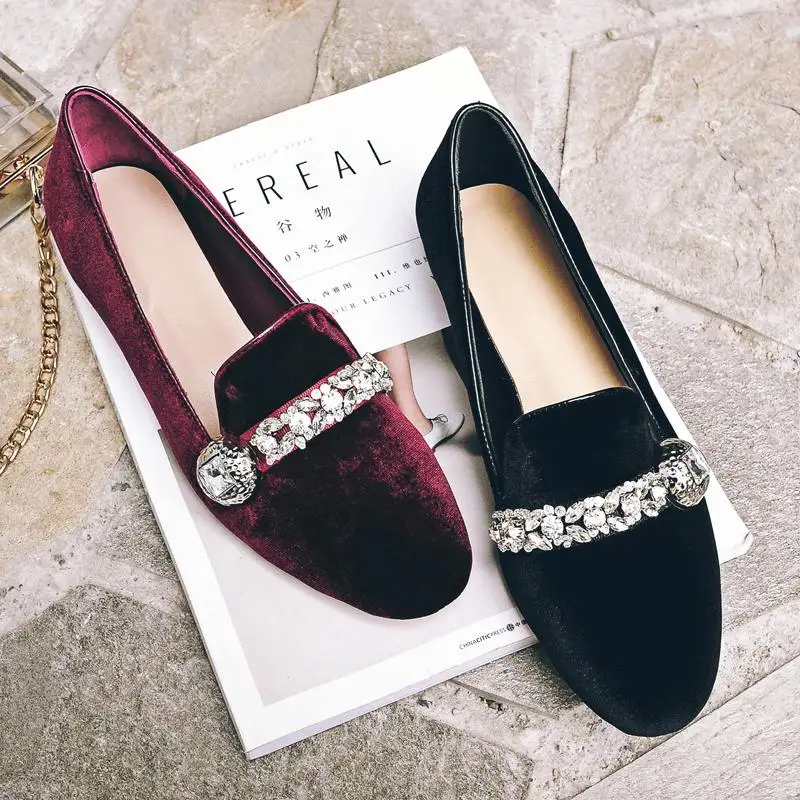 New round toe genuine leather velvet solid colors diamond crystal sweet Princess style low heel