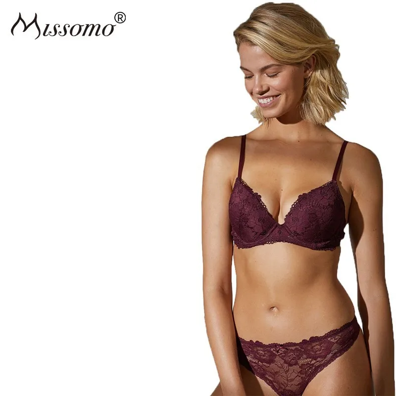 

Missomo 2019 New Arrival Western Style Simple Push Up Red Wine Sexy Lace Adjustable Shoulder Strap Steel Ring Bra