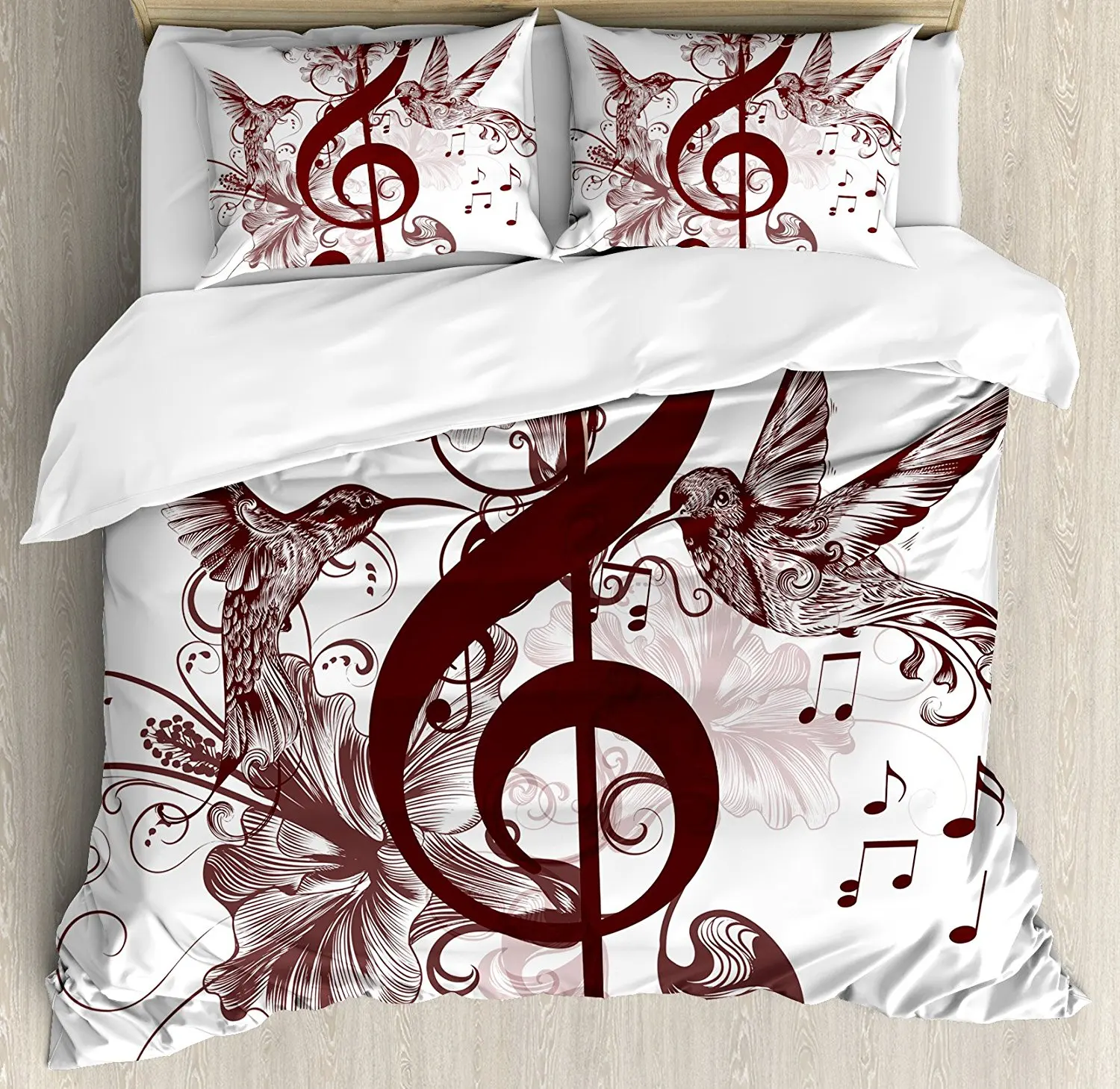 

Music Duvet Cover Set Cute Floral Design with Treble Clef and Singing Flying Birds Sparrows Art Decorative 4 Piece Bedding Set