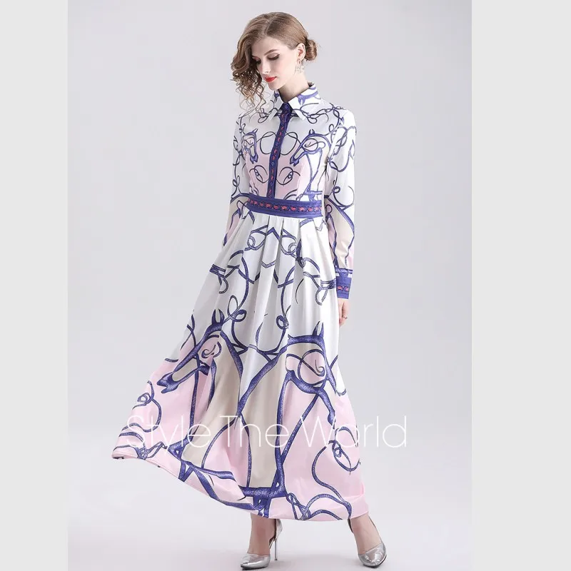 

Fashion Designer Runway Maxi Dress 2019 Fall Women Turn-Down Collar Long Sleeve Vintage Print Elegant Line Horse Long Dress