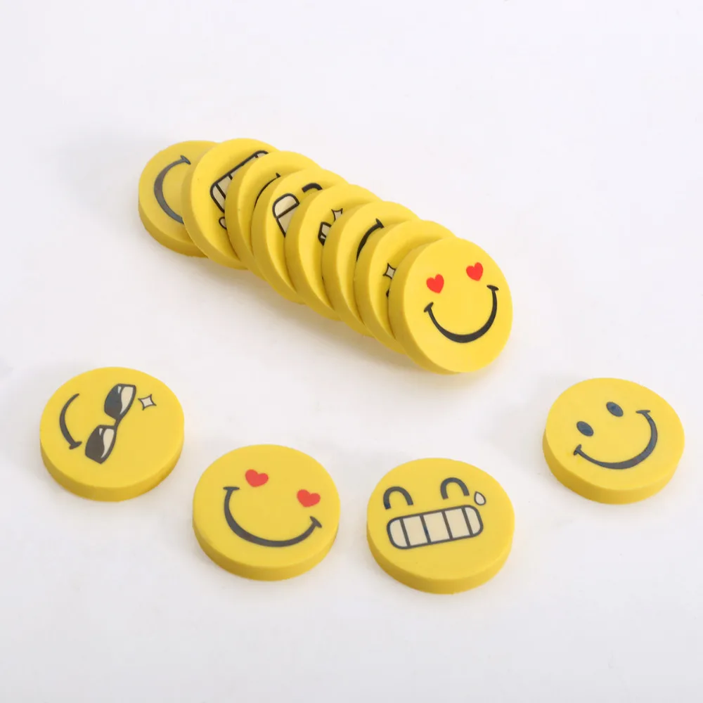 12pcs/lot Fuuny Rubber Smile Face Cute Eraser Set Yellow Mini Pencil