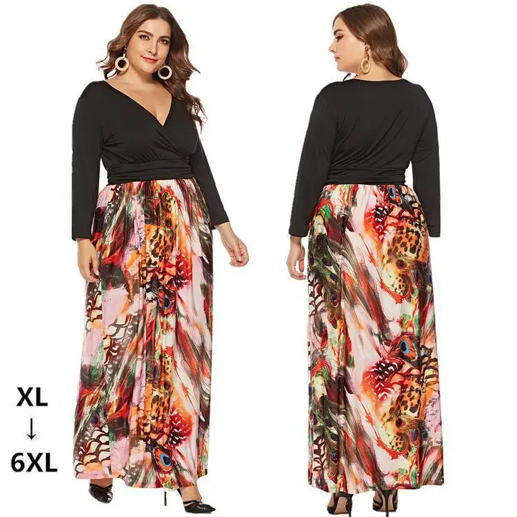 

Spring 2019 New V-neck Long Sleeve Printed Flower with black Spliced Dress Plus Size XL -3XL 4XL 5XL 6XL