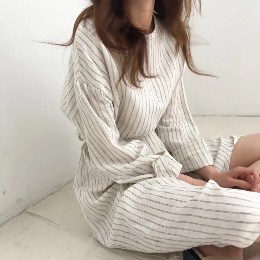 

Sukienki Jurken Korean Women Autumn Winter Long Cotton Linen Striped Dress Vestidos With Belt Casual Loose Plus Size Robe Femme