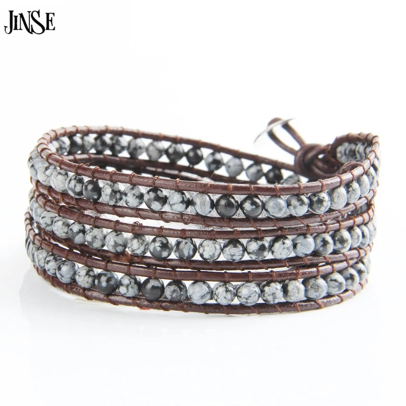 

JINSE Fashion Jewelry 4 Strands 4mm Natural Stone Bead Handmade Brown Leather Beaded Bracelet Leather Wrap Excellent HandWork