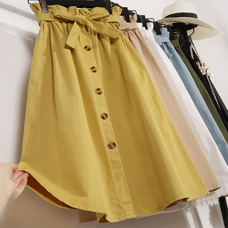 Летние юбки женские Новые миди до колена корейские на элегантных кнопках Высокая талия юбка женская плиссированная солнце школьная юбка