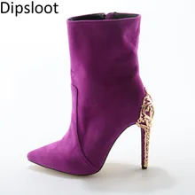 Пикантные Для женщин Тотем Резные Металлические женские ботильоны на высоких каблуках замшевые туфли с острым носком наряд платье полусапожки Обувь