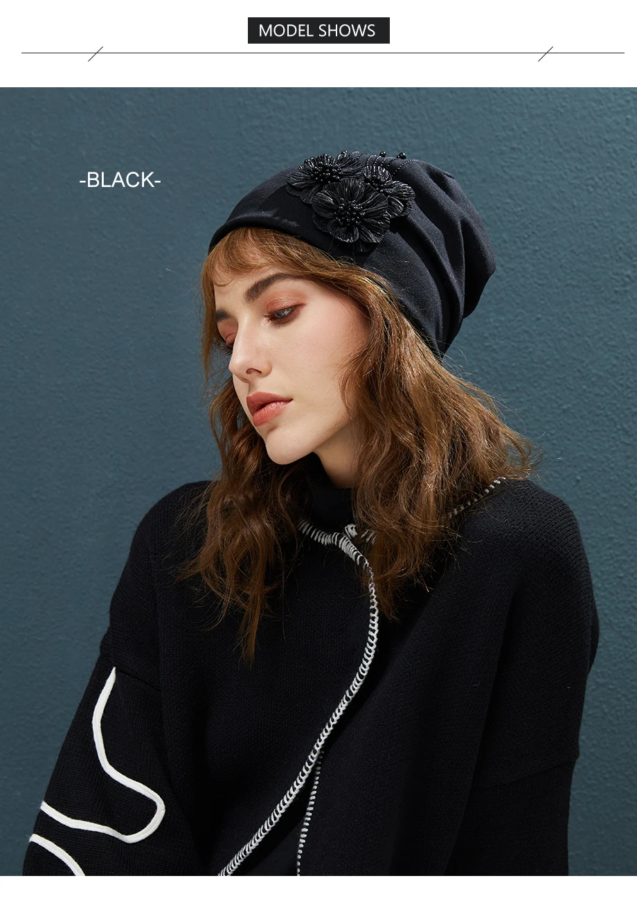 2018 Autumn Female Beanie Bonnet With Rhinestone Hats Three Flowers Caps Knitted Cotton For Women Warm Beanies Slouchy Skullies (5)