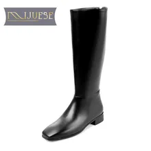 MLJUESE/ г. женские сапоги до колена осенне-весенние женские высокие сапоги из коровьей кожи черного цвета на низком каблуке, на молнии женские сапоги