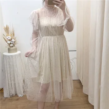 

2019 Hot Sale Rushed A-line Geometric Full Dress Women Woman Dress Sequins Star And Moon Mesh Trumpet Sleeve Female Summer
