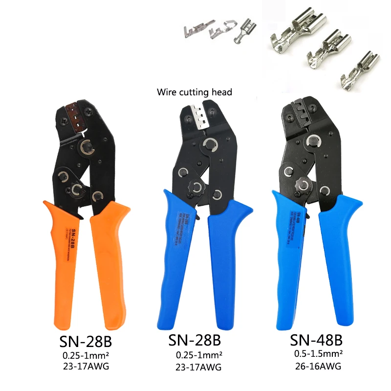 

SN-28B Crimping pliers for unistulated recepatacles and tab 2.8mm width terminals 0.25-1mm2 SN-48B tab 2.8mm,4.8mm 0.5-1.5mm2