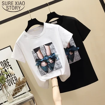 

Whit Black Shirt 2019 New Arrival Women Shirt Fashion Short Sleeve Loose Round Neck Print Shirt T Shirt Women clothing 4766 50