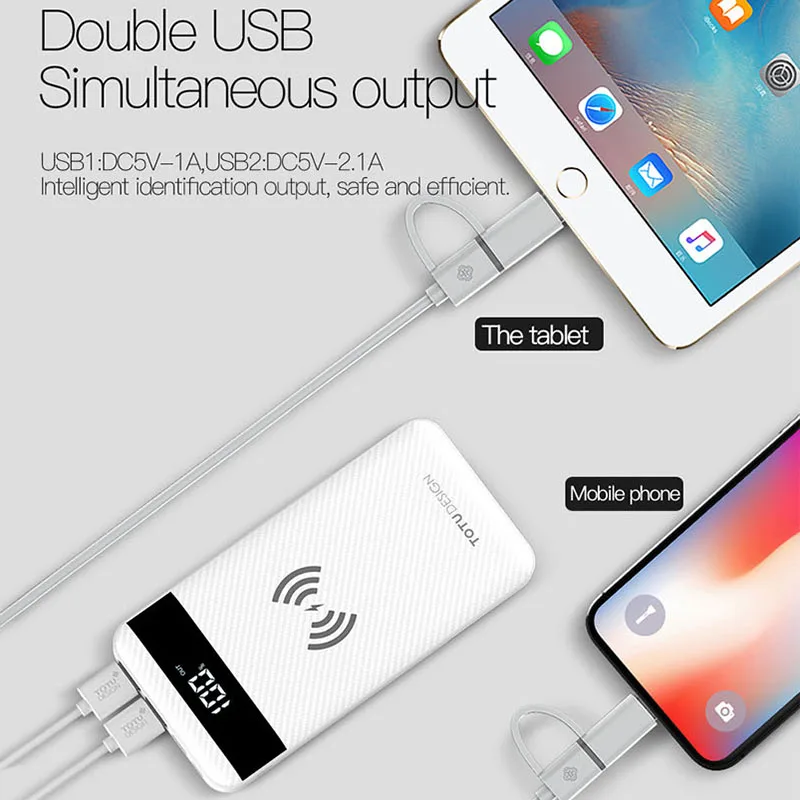TOTU 10000mah QI Wireless Charger Power Bank For iPhone X 8 Plus LED Display Dual USB External Battery Powerbank For Samsung S8