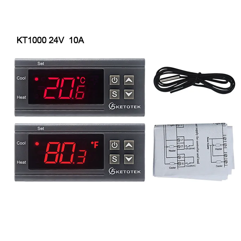 KT1000 24V KT1000 12 В 24 В 220 В цифровой регулятор температуры 10A C/F два реле инкубатора термостат с нагревателем и охладителем - Цвет: KT1000 24V