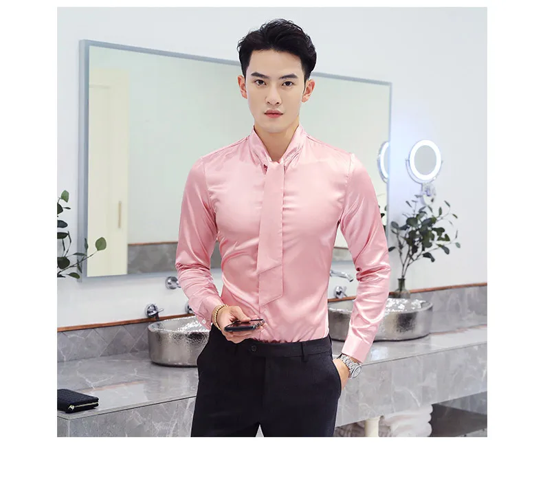 Рубашки Для мужчин розовый Camisa Masculina Slim Fit рубашки для Для мужчин s шелк Для мужчин s смокинг рубашки с галстуком платье с длинным рукавом клуб наряды