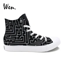 Вэнь дизайн Лабиринт стиль ручная роспись обувь черные парусиновые кроссовки женские высокие мужские Эспадрильи плоские плимсоллы