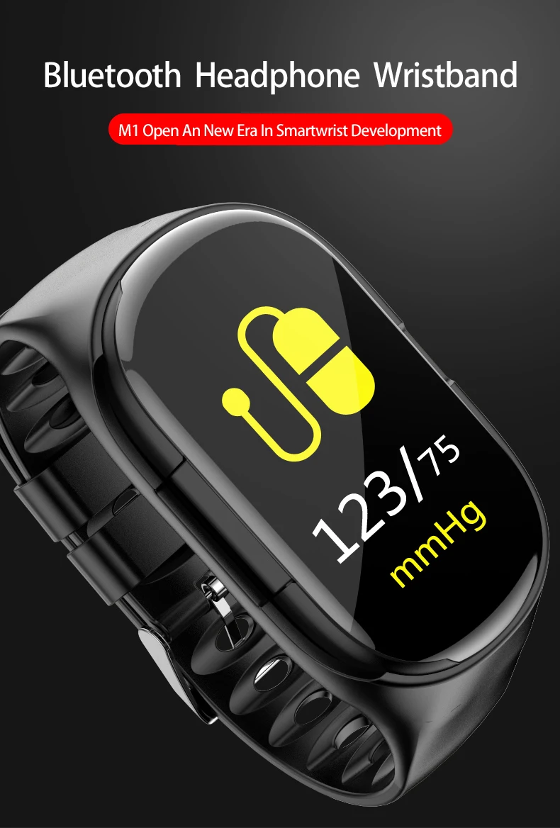 

M1 Wireless Bluetooth Earphone With Heart Rate Monitor Stereo Earbud Headset Long Time Standby Sport Watch Wristband Men