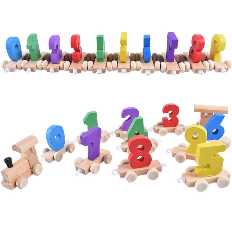 

Wooden toys Montessori Educational kids Baby Wood Train Figure Model Toy with Number Pattern 0-9 Blocks Boys and girls gifts