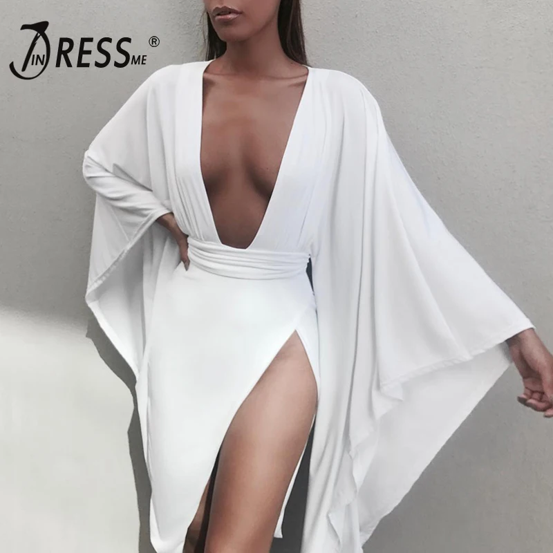 

INDRESSME New Women Sexy Asymmetrical Bodycon Deep V Neck Party Club Dress Flare Full Sleeve Dress 2019 Vestidos For The Lady