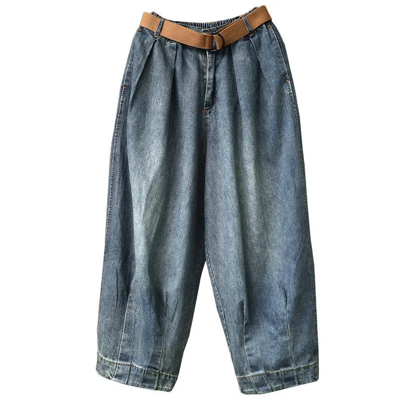 2019 Fashion Women Pockets Denim Pants Casual Button Loose Pants Blue Belt Wide Leg Pants