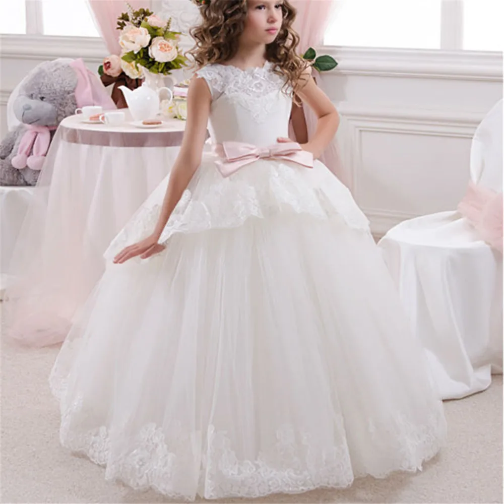 New Flower Girls Dresses Lace Appliques Cap Sleeve Ball Gowns Beading Floor Length Pageant First Communion Dresses Wedding Gow