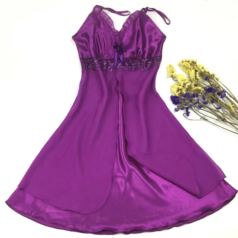 Женская атласная ночная рубашка с глубоким v-образным вырезом, Сексуальная кружевная Пижама на бретельках, женская шелковая ночная одежда, ночное белье
