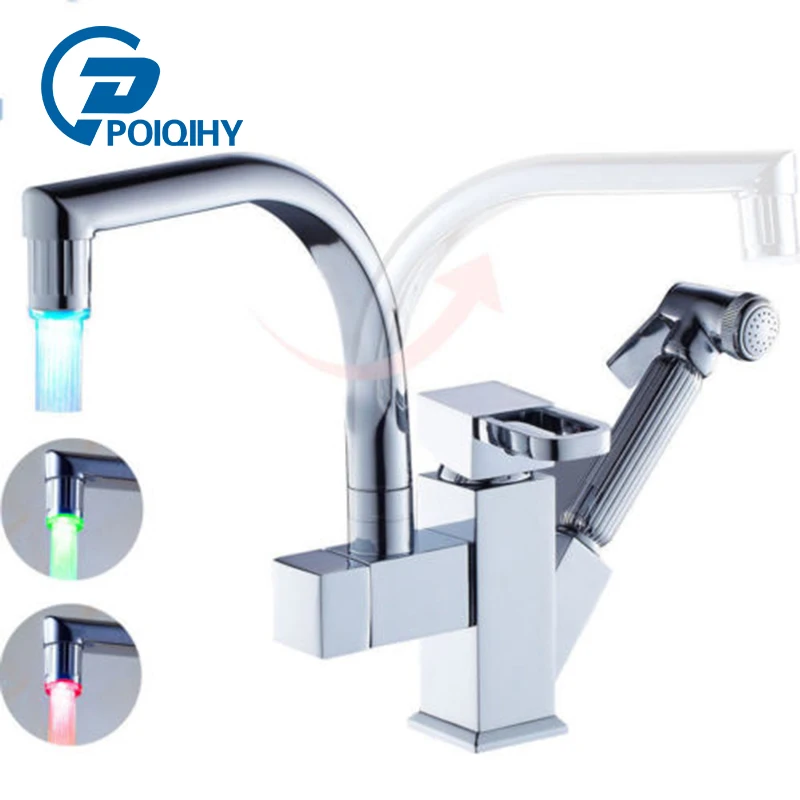 

POIQIHY LED Kitchen Faucets Dual Spout for Kitchen Mixer Tap Deck Mount sink vessel kitchen sink faucet Pull Out Shower Sprayer