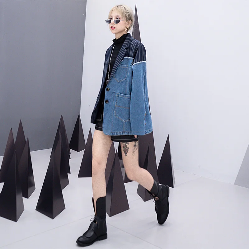 2019 Women Blazer Streetwear Jeans Jacket Splice coat Ladies Personality Chic jacket Vertical Stripes Casual Female Coat Jacket
