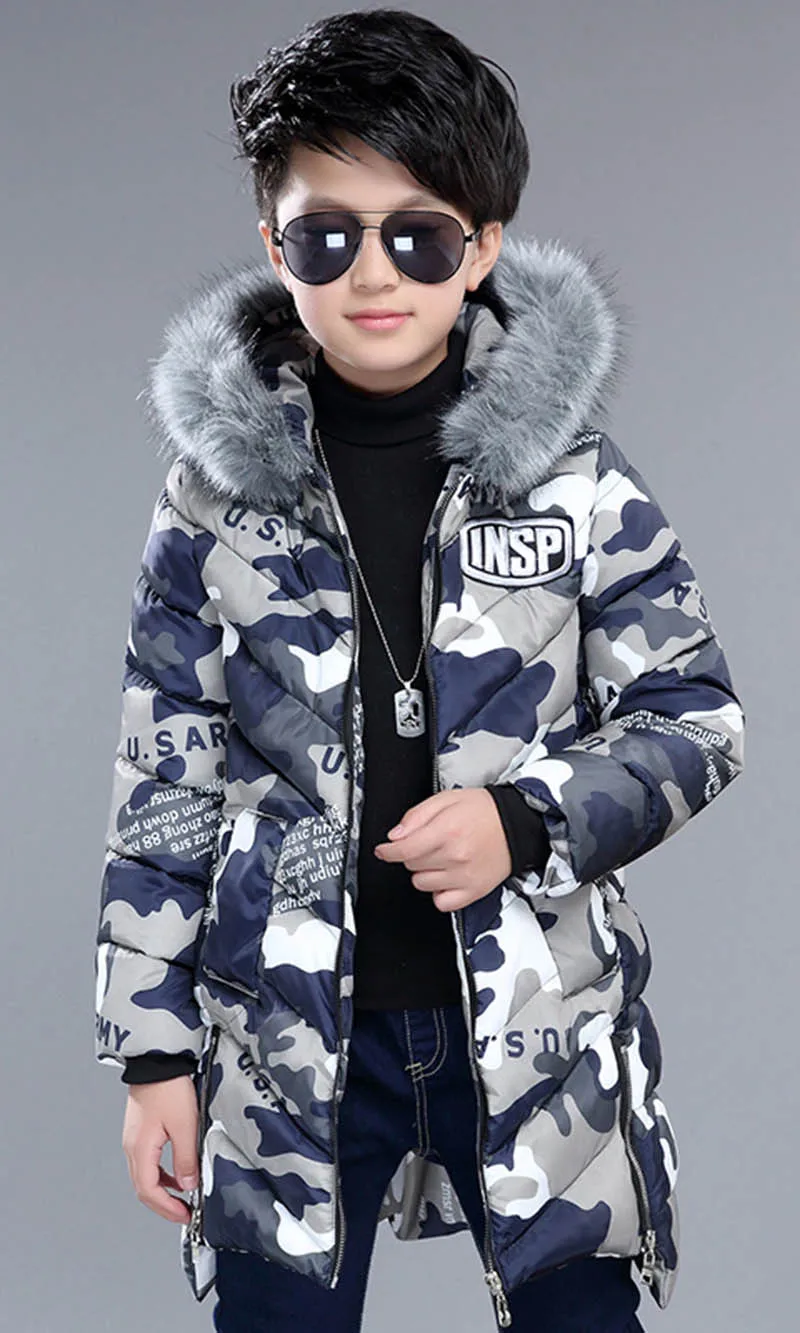 Зимние куртки для мальчиков, детская толстая пуховая куртка с капюшоном и меховым воротником детская теплая верхняя одежда зимняя одежда парка, комплект одежды для мальчиков