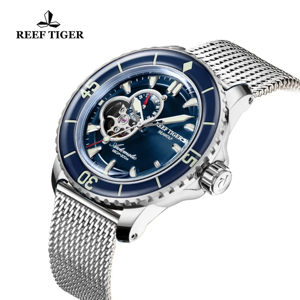Мужские спортивные часы для дайвинга Reef Tiger/RT автоматические светящиеся с синим