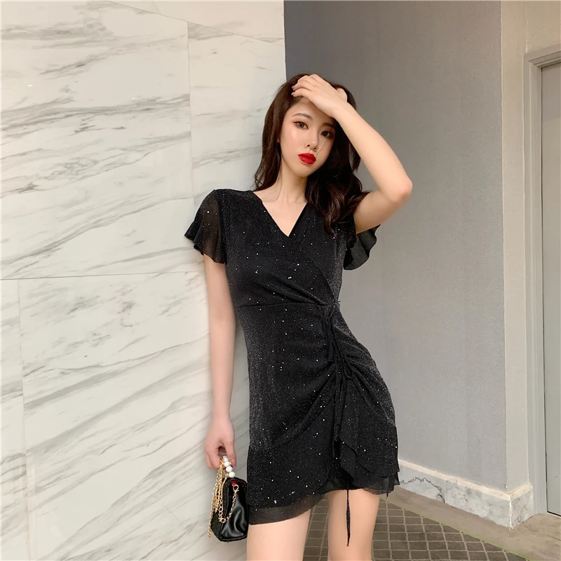 

Sexy Women Dress Sequined V-neck Drawstring Tie A-line Dresses Summer Casual High Waist Package Hip Dress