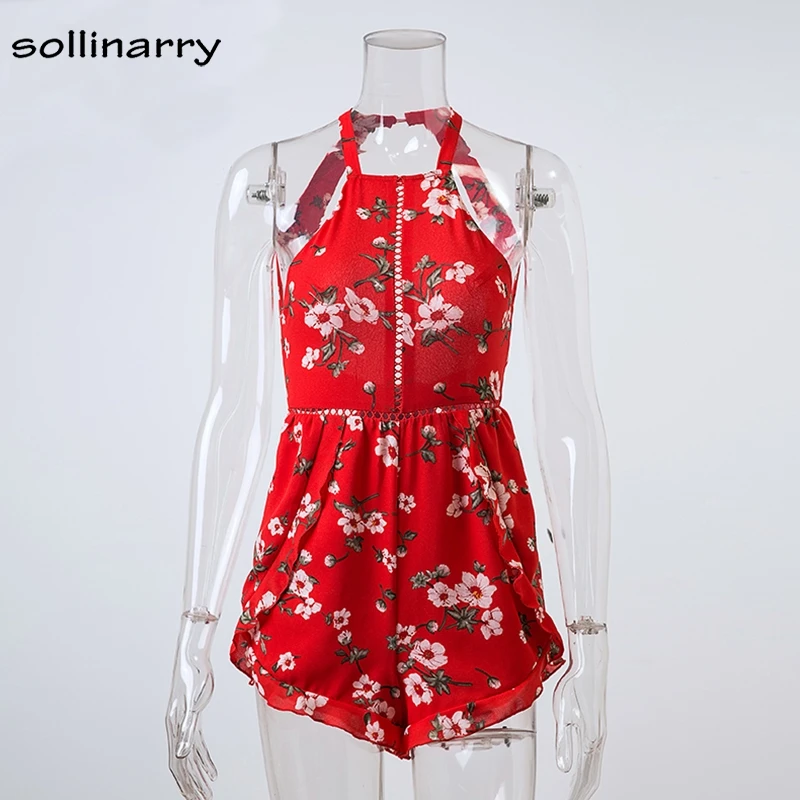 Sollinarry Sexy Summer Beach Boho Playsuit Cold Shoulder Red Halter Floral Playsuit Hollow Out Party Short Jumpsuits Rompers