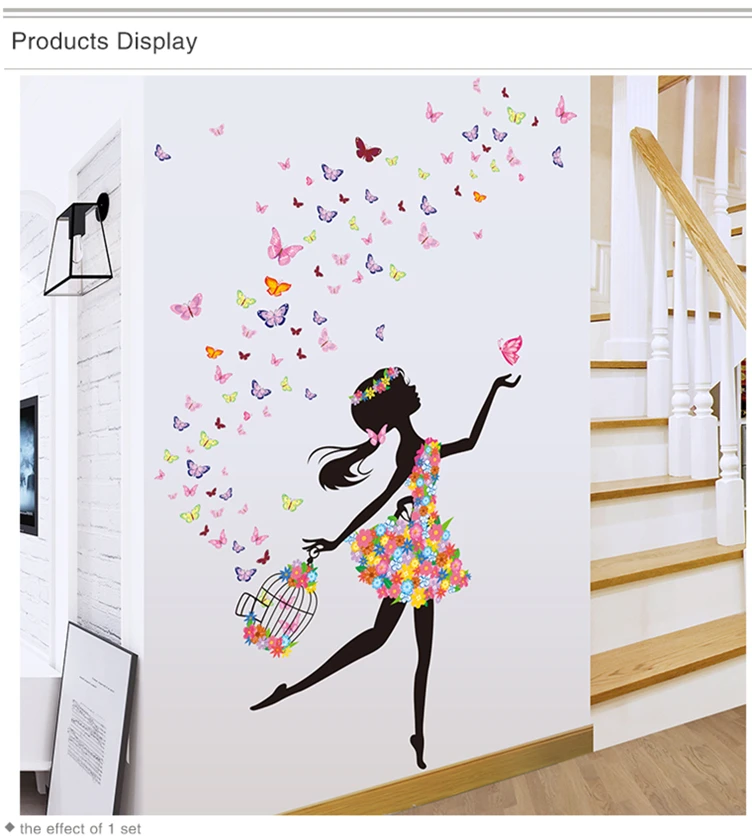 [Shijuekongjian] фея девушка наклейки на стену Винил DIY бабочки цветы настенные наклейки для дома детская комната детская спальня украшения