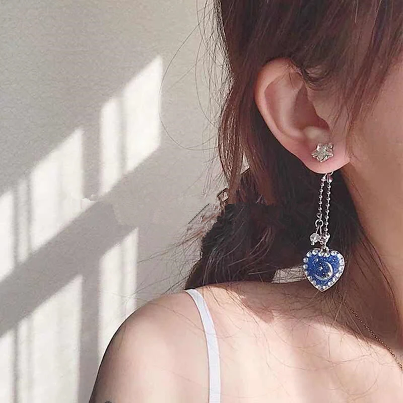 

AE-CANFLY Korean Trendy Rhinestone Love Heart Drop Earrings Long Dangle Bead Tassel Earrings Accessories for Women