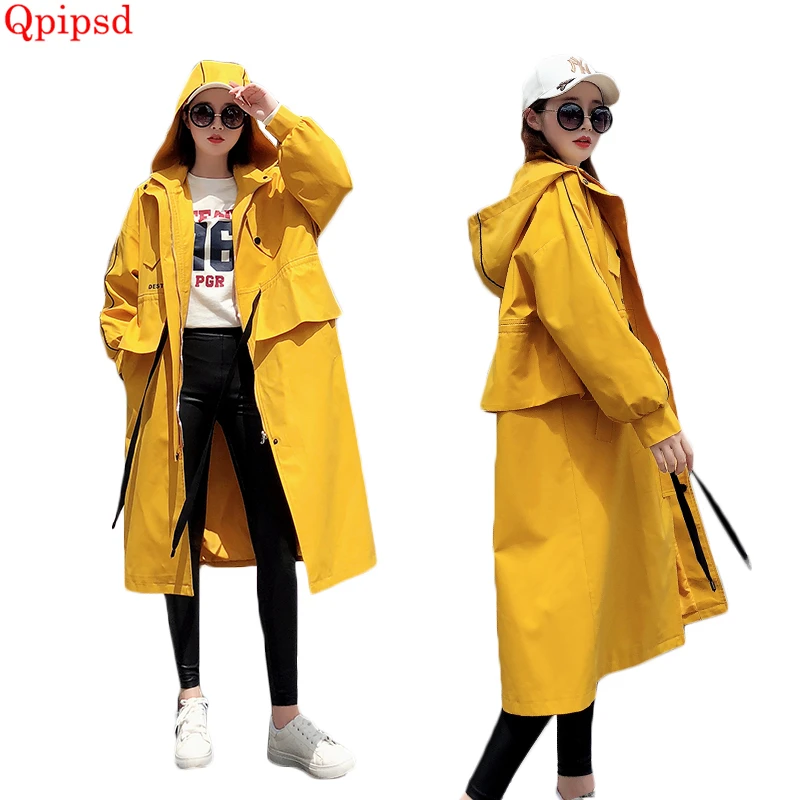 Femelle 2018 Femmes Capuchon De Lâche Jaune À Nouvelle Zipper Tranchée Printemps Long Blousons Automne Yellow Occasionnel Manteau rRqrwC8t