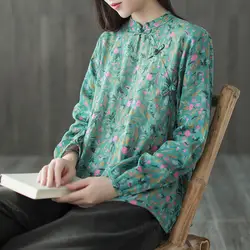 Новые осенние Национальный стиль ретро с длинными рукавами литературный футболка женский дна рубашки китайский ветер пластина пряжки