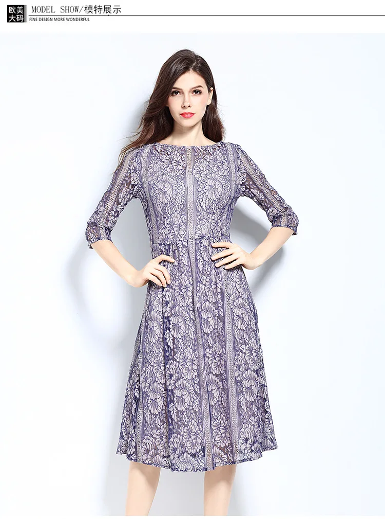 Blue Purple Color Chiffon Lace Dress Summer Dress Women 3/4 Sleeve Elegant High-waist Slim Dress 5XL Plus Size Vestidos