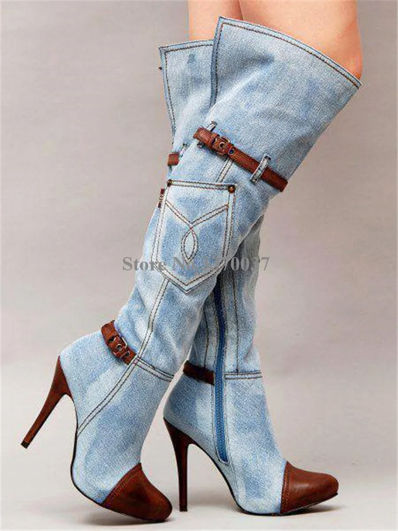 Высокое качество Для женщин модные острый носок синие джинсы Сапоги выше колен(ботфорты), из кусков, длинные, с высоким каблуком; джинсовые ботинки мотоботы