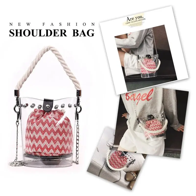 

Red new fashion PVC chain diagonal handbag fashion transparent hit color wave rivet hemp rope shoulder diagonal sub-package