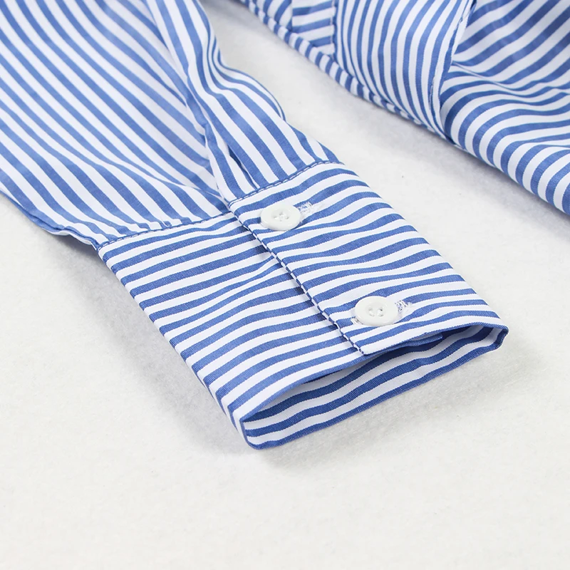 One Shoulder Off Ruffles Blue Striped Long Sleeve Blouse Shirt