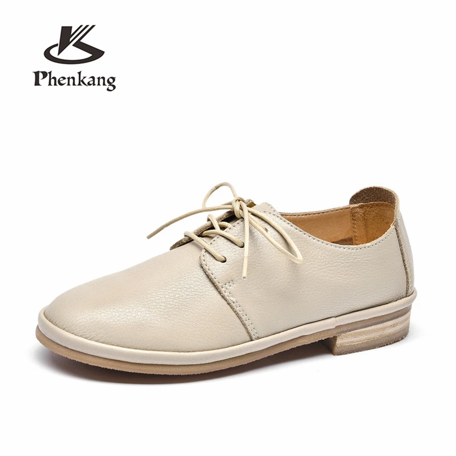 

Genuine Leather Women Flats Oxford Shoes Woman Sneakers lady brogues Vintage Casual shoes for Women Footwear 2019 brown beige