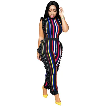 Adogirl side ruffles sleeveless striped women jumpsuits sensual cinch side ruffles OL suits multi color stripe zip-up bodysuit lace up side sleeveless bodysuit