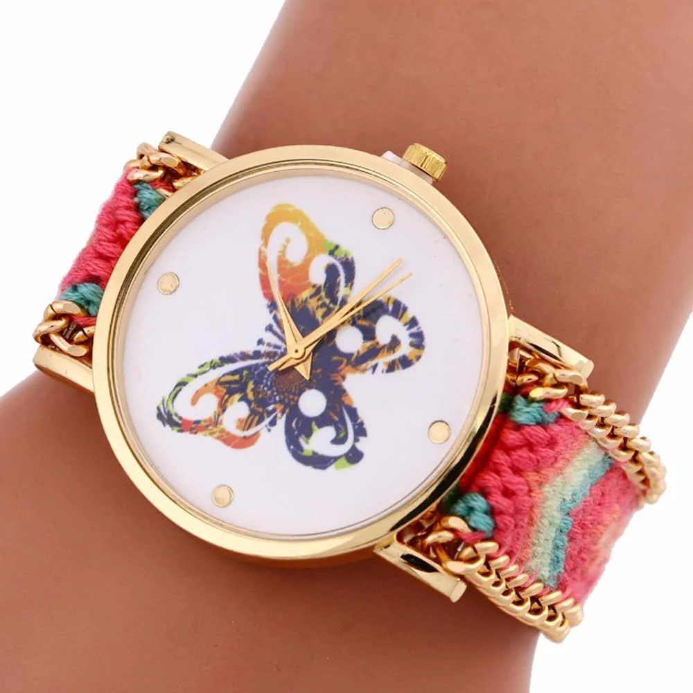 Для женщин разноцветный рисунок с изображением бабочек кварцевые часы relogio feminino аналоговые женские вязка ремень saatler Повседневное ClockB40 - Цвет: Розовый