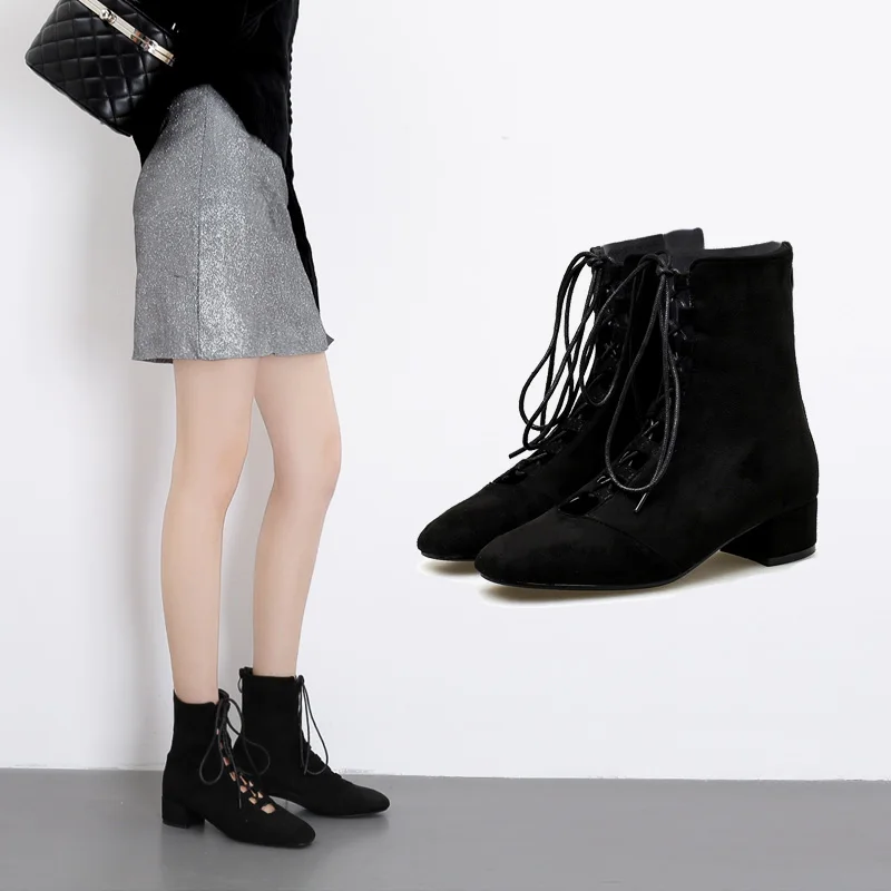 

2019 Women Spring Quality Square Toe Boots Female Warm Quality Zipper Elegant Boots Girls Low Square Heels Lace Up Black Shoes