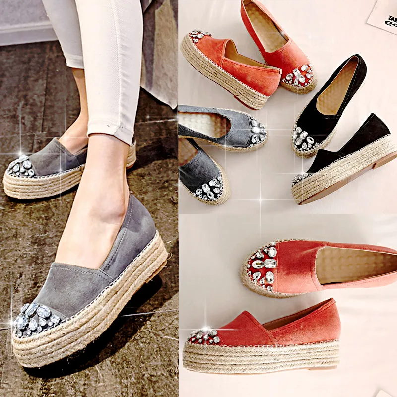 

2018 Spring new gray ethnic style loose cake shoes rhinestones scrub thick round head shoes women