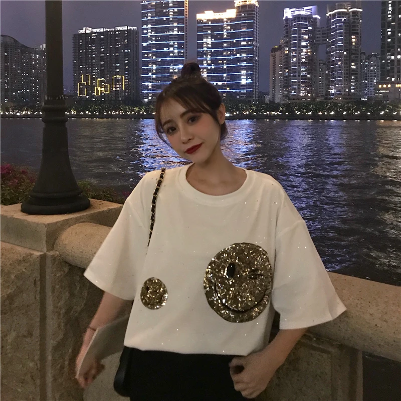 Neploe, новинка года, осенняя Корейская свободная черная футболка с блестками Милая стильная футболка с круглым вырезом и рисунком смайлика, Ins, хлопковый топ для девочек, 45496