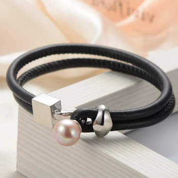 

gNpearl Pink Brown Pearl Bracelet Jewelry Natural Freshwater Pearl High Quality Leather Rope Pearl Bracelets For Women Gift